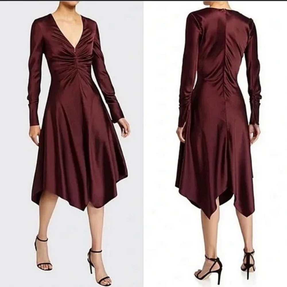 Jonathan Simkhai Burgundy Crepe Satin Ruched Handkerchief Hem Dress Size 18